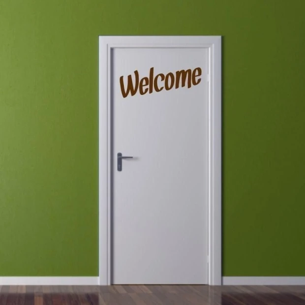 Painting template 02X 19 welcome 1699 - Hallway arrangement. Green wall with white door featuring text.