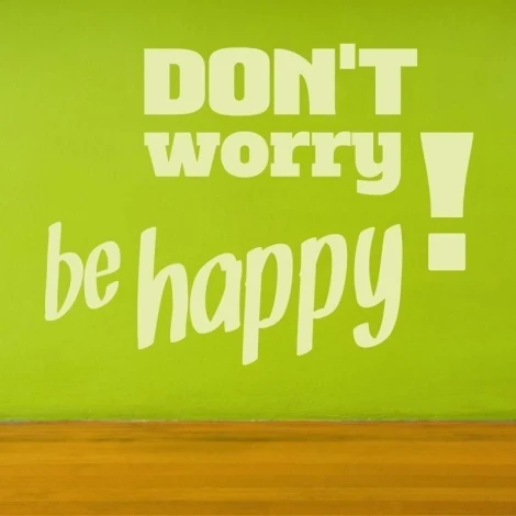 Painting template 02X 14 don\'t worry 1719 - Room arrangement. Green wall with text in various typographic styles.