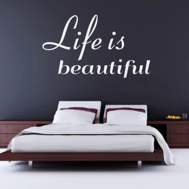 Painting template 02X 16 life is beautiful 1742 - Bedroom arrangement with dark wall and bed with white bedding.