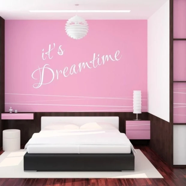 Painting template 02X 17 its dreamtime 1739 - Bedroom design with pink walls, dark furniture, and light accents.