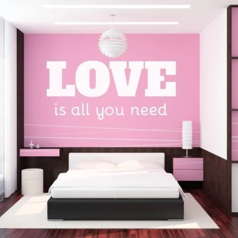 Painting template 02X 18 love is all you need 1723 - Bedroom design with pink walls and white and black furniture.
