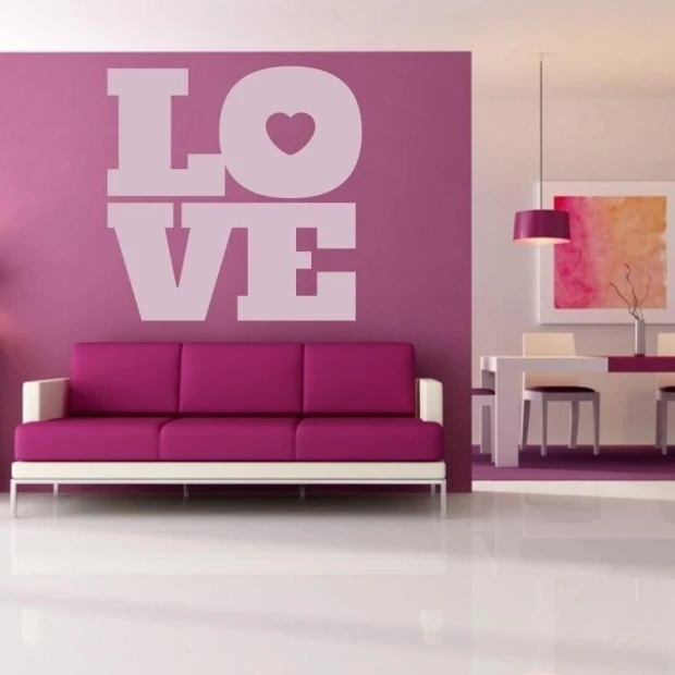 Painting template 02X 23 love 1713 - Living room arrangement. Purple wall, white sofa, matching table and chairs.