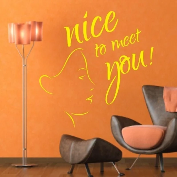 Stylish painting template "Nice to Meet You" in a modern living room, featuring shades of yellow on orange.