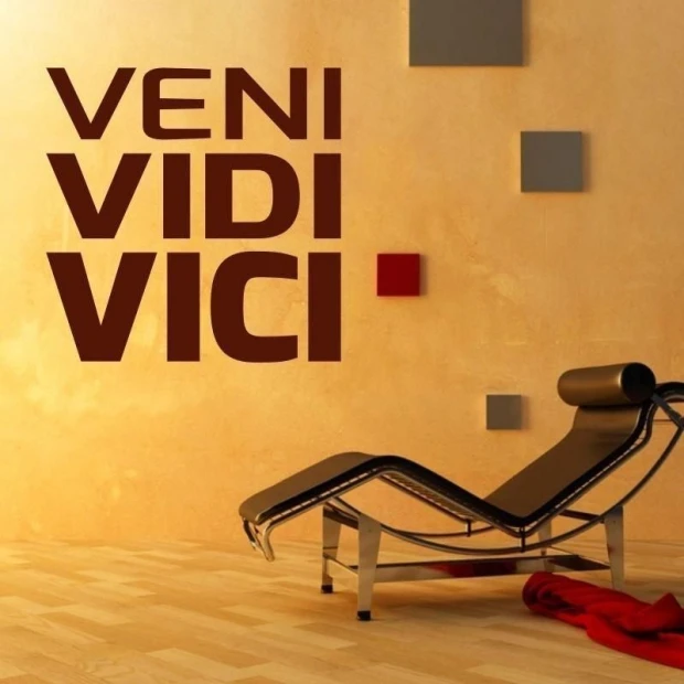 Sticker 03X 16 veni vidi vici 1705 - Living room setup with beige walls, light wood floor, and black accents.