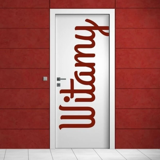 Sticker 03X 19 welcome 1703 - Hallway decor. Red walls, white door with text.