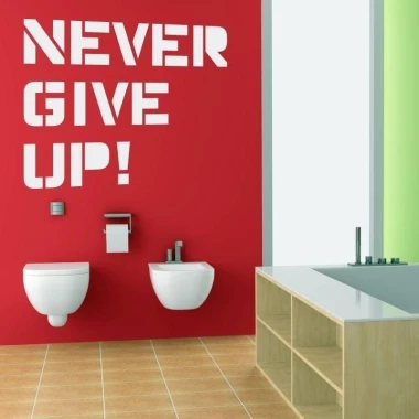 Sticker 03X 20 never give up 1715 - Bathroom decor with red walls and light furniture.