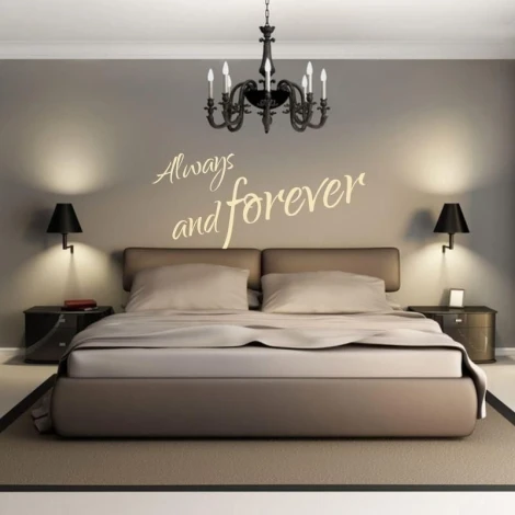 Sticker 03X 19 always and forever 1745 - Bedroom decor with gray-beige walls and a bed with light bedding.