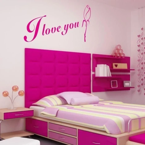 Sticker 03X 19 I love you 1734 - Bedroom decor with light walls and pink accents in furniture.