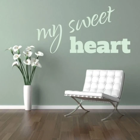 Sticker 03X 19 my sweet heart 1743 - Living room setup with light green wall, wooden floor, and white sofa.