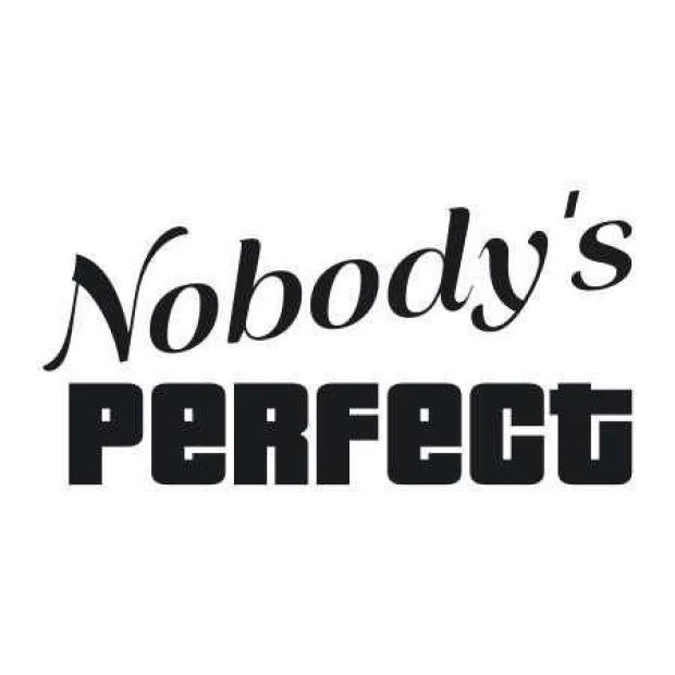 Sticker 03X 19 nobodys perfect 1730 - Graphic design with "Nobodys Perfect" text in various fonts, black on white.