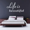 Sticker 03X 21 life is beautiful 1742 - Bedroom setup with dark walls and a bed featuring white bedding.