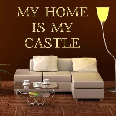 Sticker 03X 21 my home is my castle 1727 - Living room setup. Dark brown wall, light sofa, glass table.