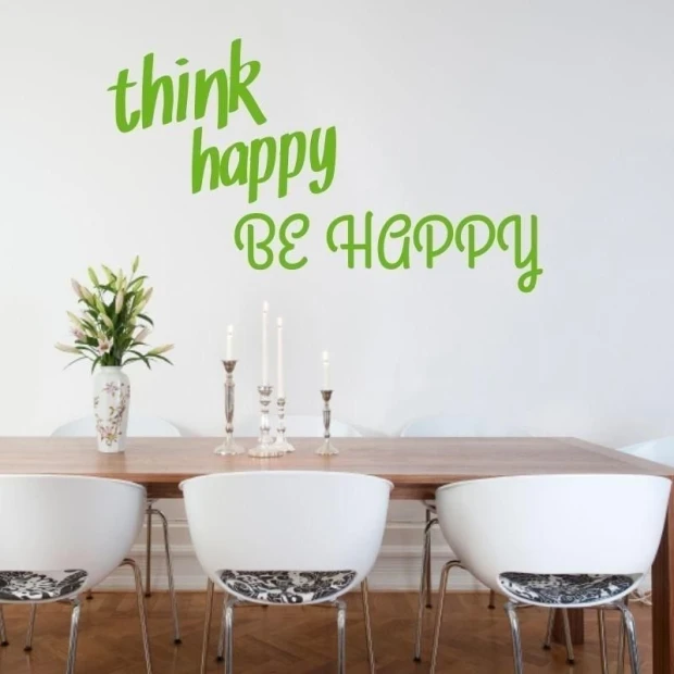 Sticker 03X 21 think happy be happy 1744 - Dining room setup with light walls, wooden table, and white chairs.