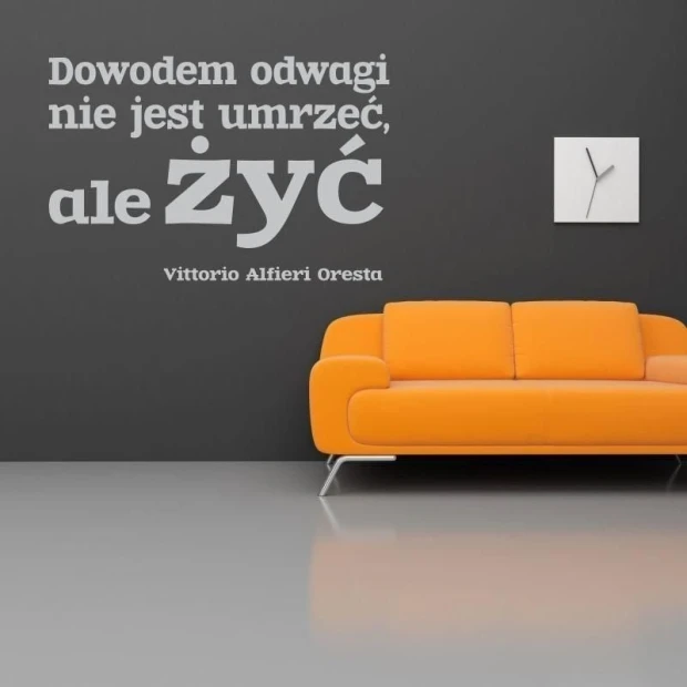 Sticker 03X 23 quote: proof of courage is 1747 - Living room decor. Dark wall, orange sofa.