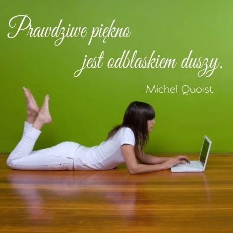 Sticker 03X 25 quote: true beauty 1765 - Room arrangement. Green wall, person lying on the floor.