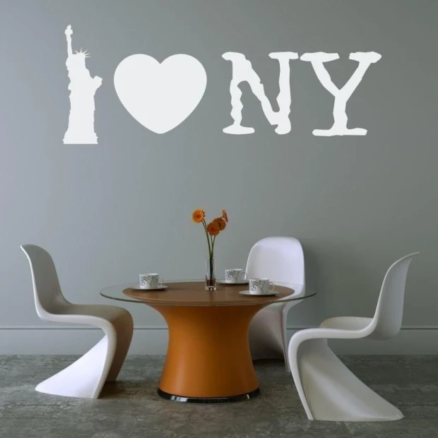 Sticker 03X 25 I love NY 1732 - Dining room setup with gray walls, round table, and white chairs.