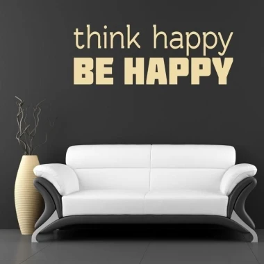 Sticker 03X 25 think happy be happy 1738 - Living room setup with dark wall and light sofa.