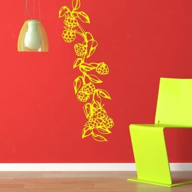 Sticker 03X 02 blackberries 1777 - Room arrangement with red walls and a green armchair.