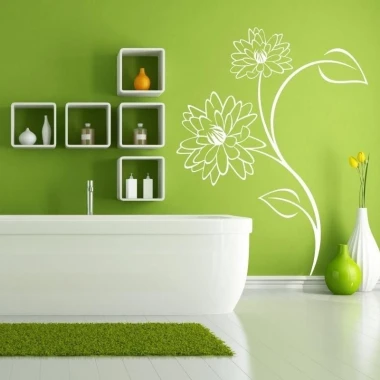 Sticker 03X 08 flowers 1802 - Bathroom decor. Green wall with white flowers and shelves.