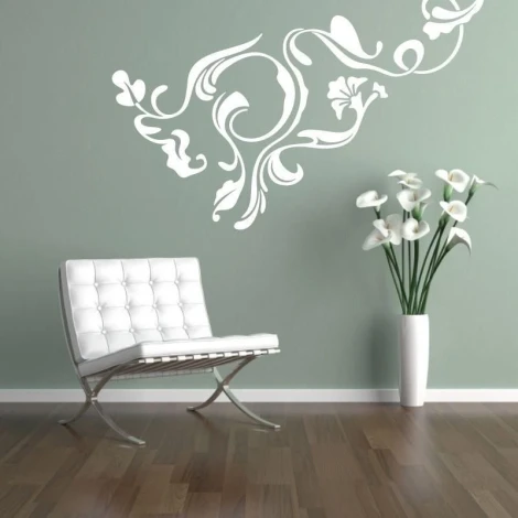 Sticker 03X 09 floral design 1793 - Living room setup with green walls, wooden floor, and modern furniture.