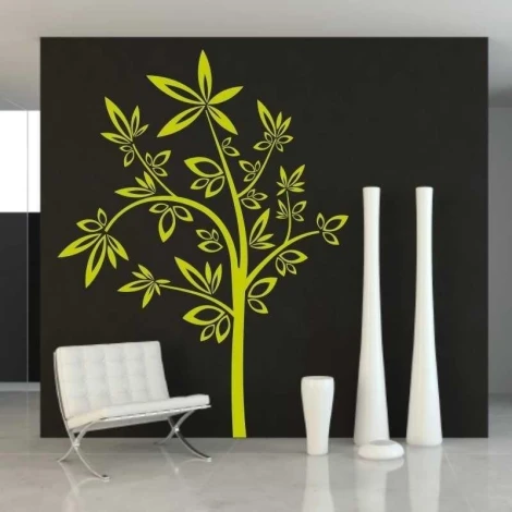 Painting template 03X 08 tree 1810 - Living room arrangement. Dark wall with large tree pattern and modern furniture.