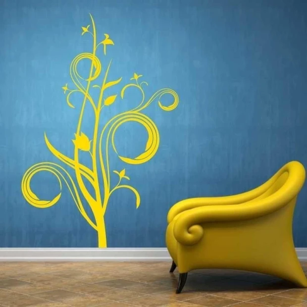 Painting template 03X 15 floral 1812 - Living room arrangement. Blue wall with yellow wavy floral pattern.