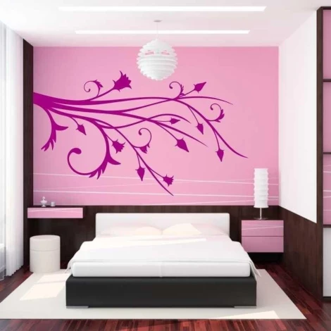 Painting template 03X 21 branch 1815 - Bedroom arrangement. Pink walls, dark-colored furniture.