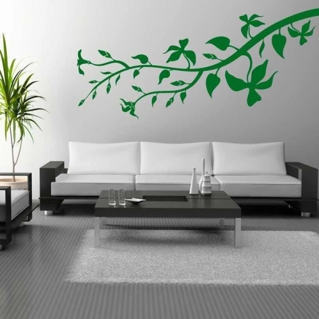 Painting template 03X 24 branch 1817 - Living room arrangement. Gray walls, white furniture, potted plant.