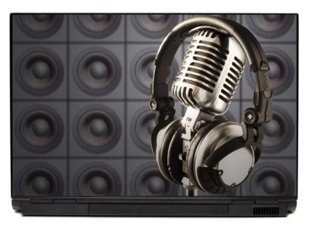 Laptop sticker microphone 0046 - Graphic design. Retro microphone with large headphones against a speaker background.