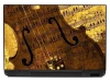 Violin laptop sticker 0045 - Graphic design featuring violins against a backdrop of musical notes and old sheet music.