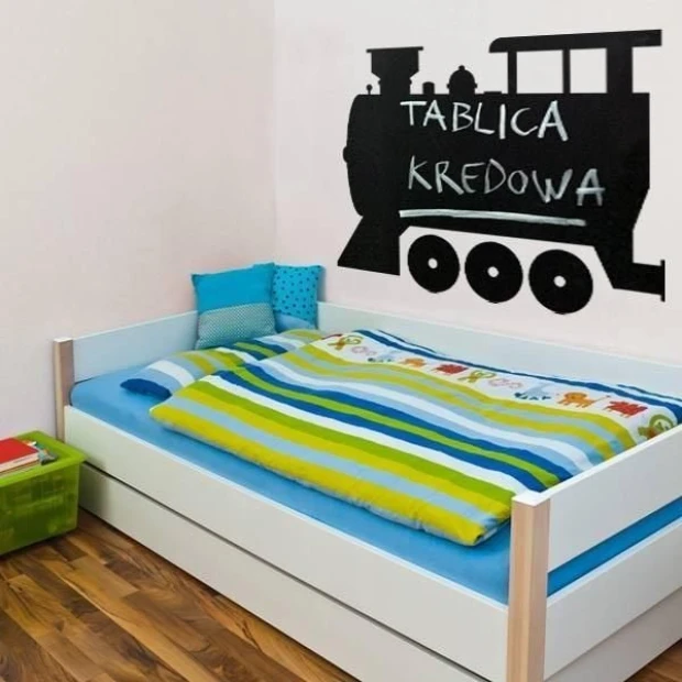 Chalk sticker 006 flowers - Decor in a child\'s room. Light-colored walls, wooden floor, bed.
