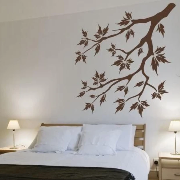 Painting template branch 1154 - Bedroom arrangement. Light walls and wooden furniture.