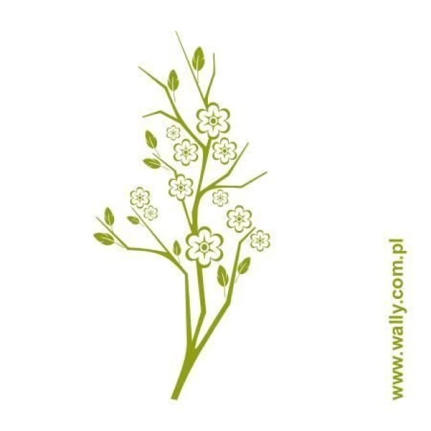Tree painting stencil 1218 - Graphic pattern with asymmetrical branches, flowers, and leaves.