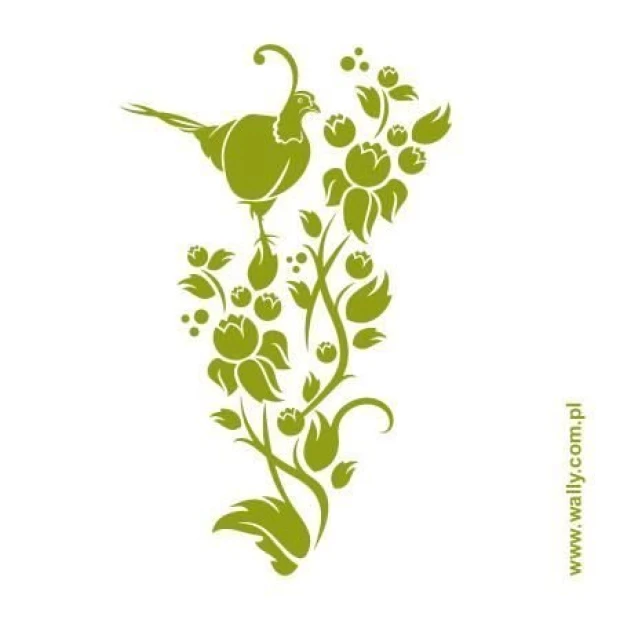 Pheasant flower painting template 1233 - Graphic design featuring a bird on a branch surrounded by flowers and leaves.