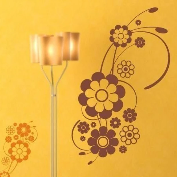 Floral painting template 1198 - Living room decor with yellow walls featuring a brown floral and line pattern.