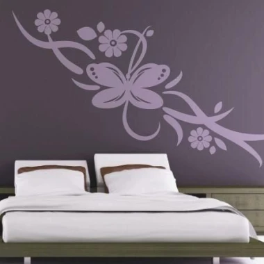 Butterfly flower painting template 1234 - Bedroom decor. Dark wall, bed with light bedding.