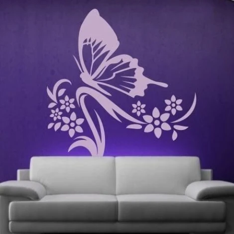 Butterfly flower painting template 1249 - Living room setup. Purple wall, light-colored sofa.