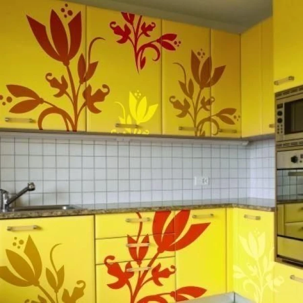 Floral painting template 1244 - Kitchen decor with yellow cabinets featuring red and yellow floral patterns.
