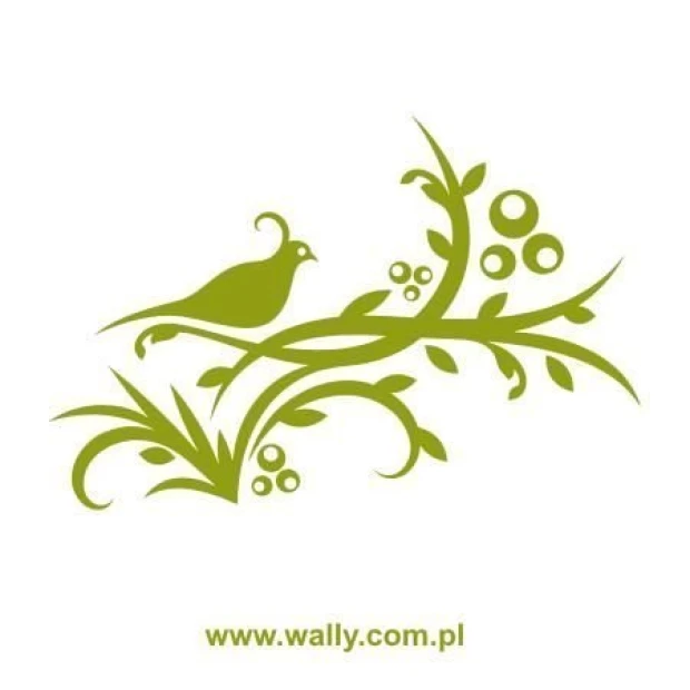 Bird and flowers painting template 1223 - Graphic design featuring a bird on a branch with leaves and round fruits.