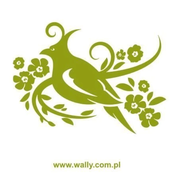 Bird in flowers painting template 1246 - Graphic design featuring a bird with a curved tail and flowers with leaves.