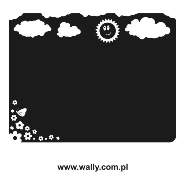 Chalk sticker 012 sun and clouds - Graphic design. Smiling sun, clouds, and flowers in the bottom corner.