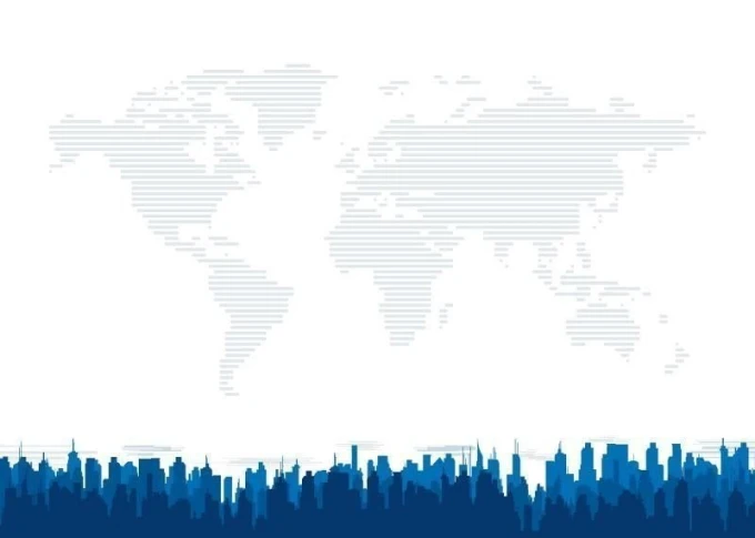 Dry-erase board city 007 - Graphic design featuring a world map outline and building silhouettes.