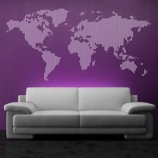 Elegant, minimalist world map in shades of white, perfect for a modern living room with purple accents.