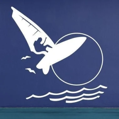 Windsurfing painting template 1172 - Graphic design featuring a windsurfer on a board, with a sun symbol and waves in the background.