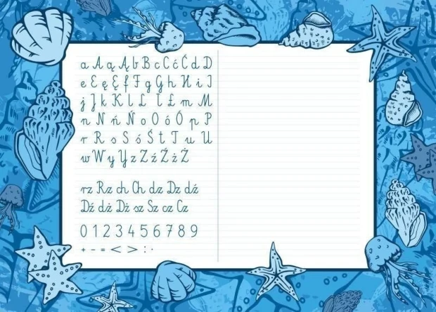 EDU dry-erase board for writing practice 007 - Graphic design with flies and starfish on a blue background.