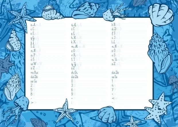 EDU dry-erase board for writing practice 008 - Blue background with shells and starfish design.