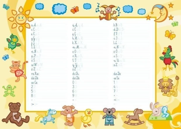 EDU dry-erase board for writing practice 012 - Features letters and numbers on a light-colored graphic background.
