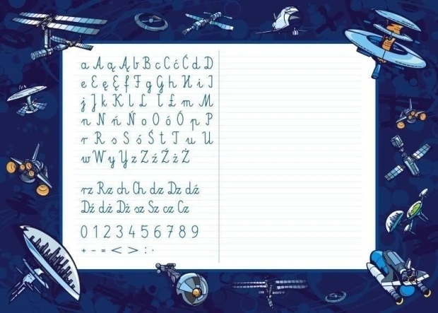 EDU dry-erase board for writing practice 015 - Graphic design with letters and numbers on a dark blue background.