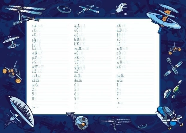 EDU dry-erase board for writing practice 016 - Graphic design with spaceship drawings on a blue background.