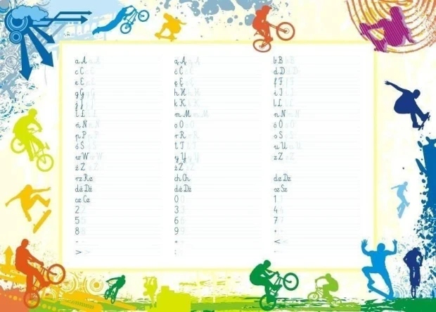 EDU dry-erase board for writing practice 020 - Graphic design with colorful backgrounds featuring athlete silhouettes.